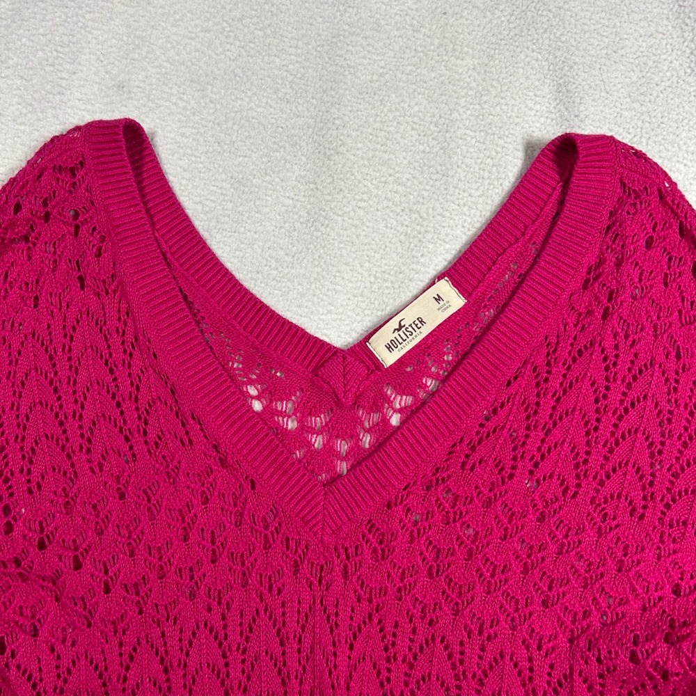 Hollister Women Hot Pink Pointelle V-Neck Open Knit Chevron Sweater Medium Lace - Picture 5 of 7